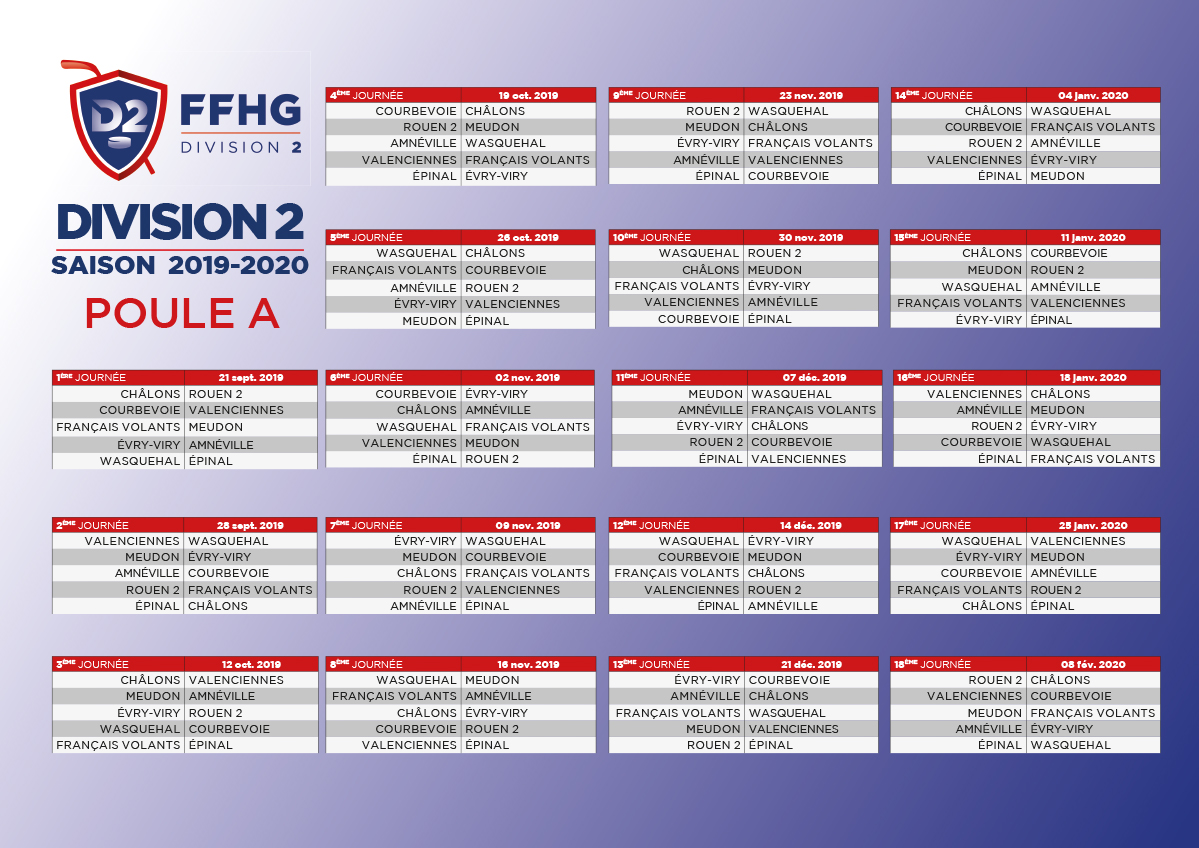 Calendrier 2019/2020 Division 2 Poule A